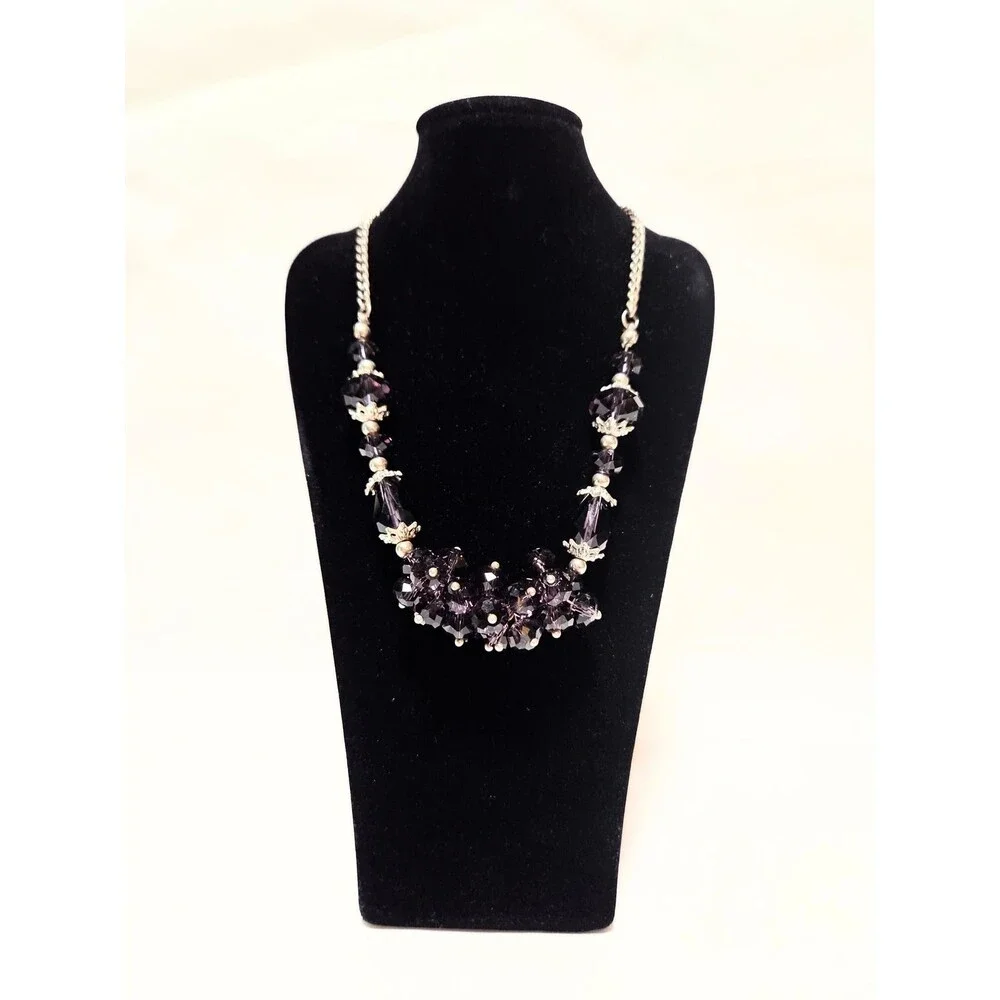 Purple Faceted Beaded Statement Necklace Silver Tone Chain Adjustable Length